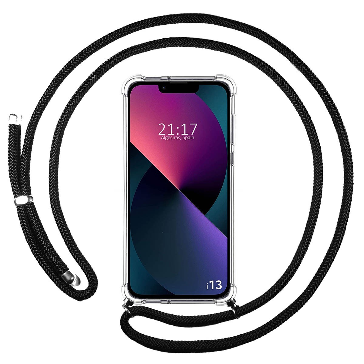 Funda Colgante Transparente compatible con Iphone 13 (6.1) con Cordon Negro