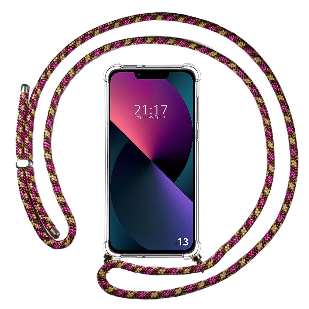 Funda Colgante Transparente compatible con Iphone 13 (6.1) con Cordon Rosa / Dorado