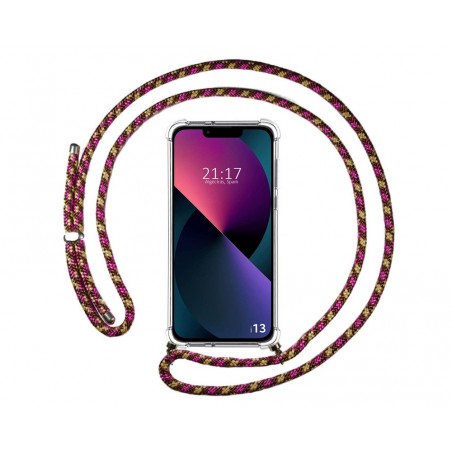 Funda Colgante Transparente compatible con Iphone 13 (6.1) con Cordon Rosa / Dorado