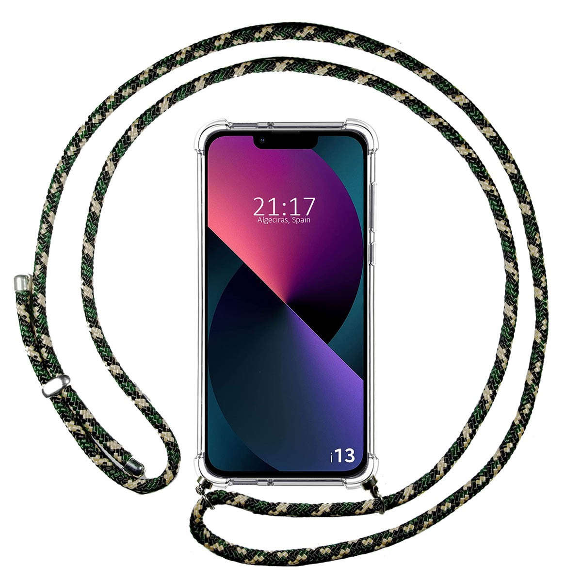 Funda Colgante Transparente compatible con Iphone 13 (6.1) con Cordon Verde / Dorado