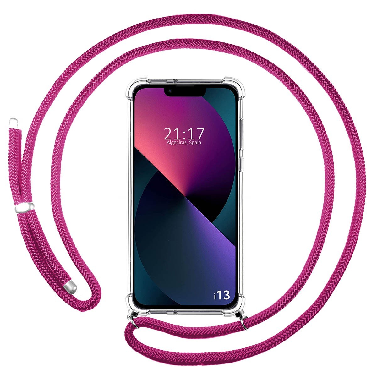 Funda Colgante Transparente compatible con Iphone 13 (6.1) con Cordon Rosa Fucsia