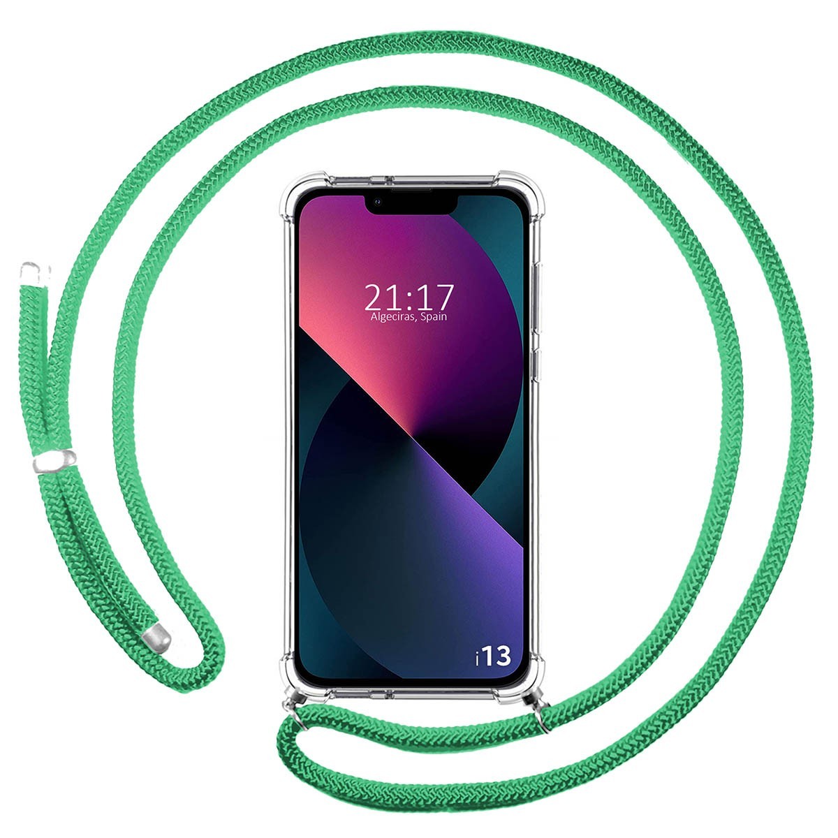 Funda Colgante Transparente compatible con Iphone 13 (6.1) con Cordon Verde Agua