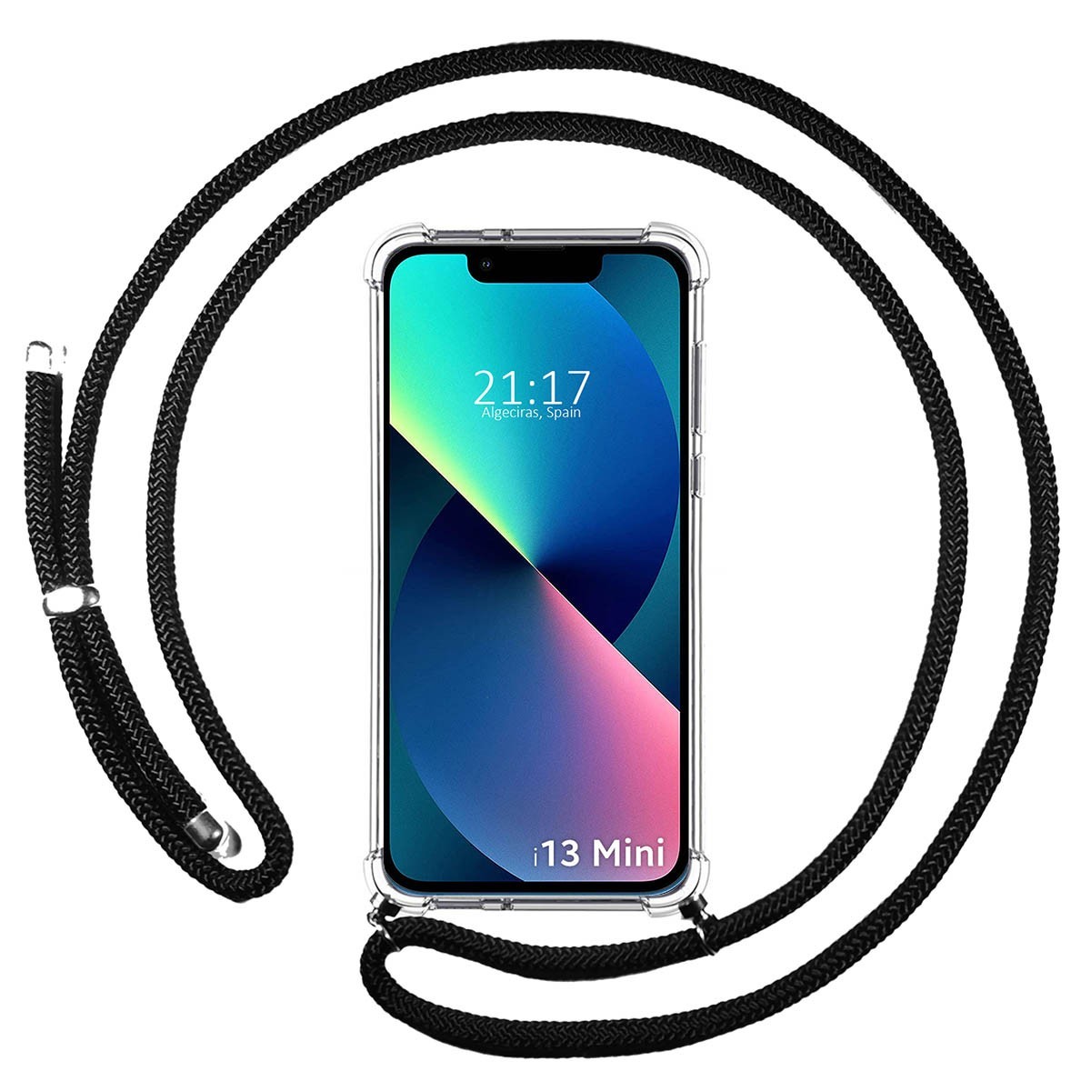 Funda Colgante Transparente compatible con Iphone 13 Mini (5.4) con Cordon Negro