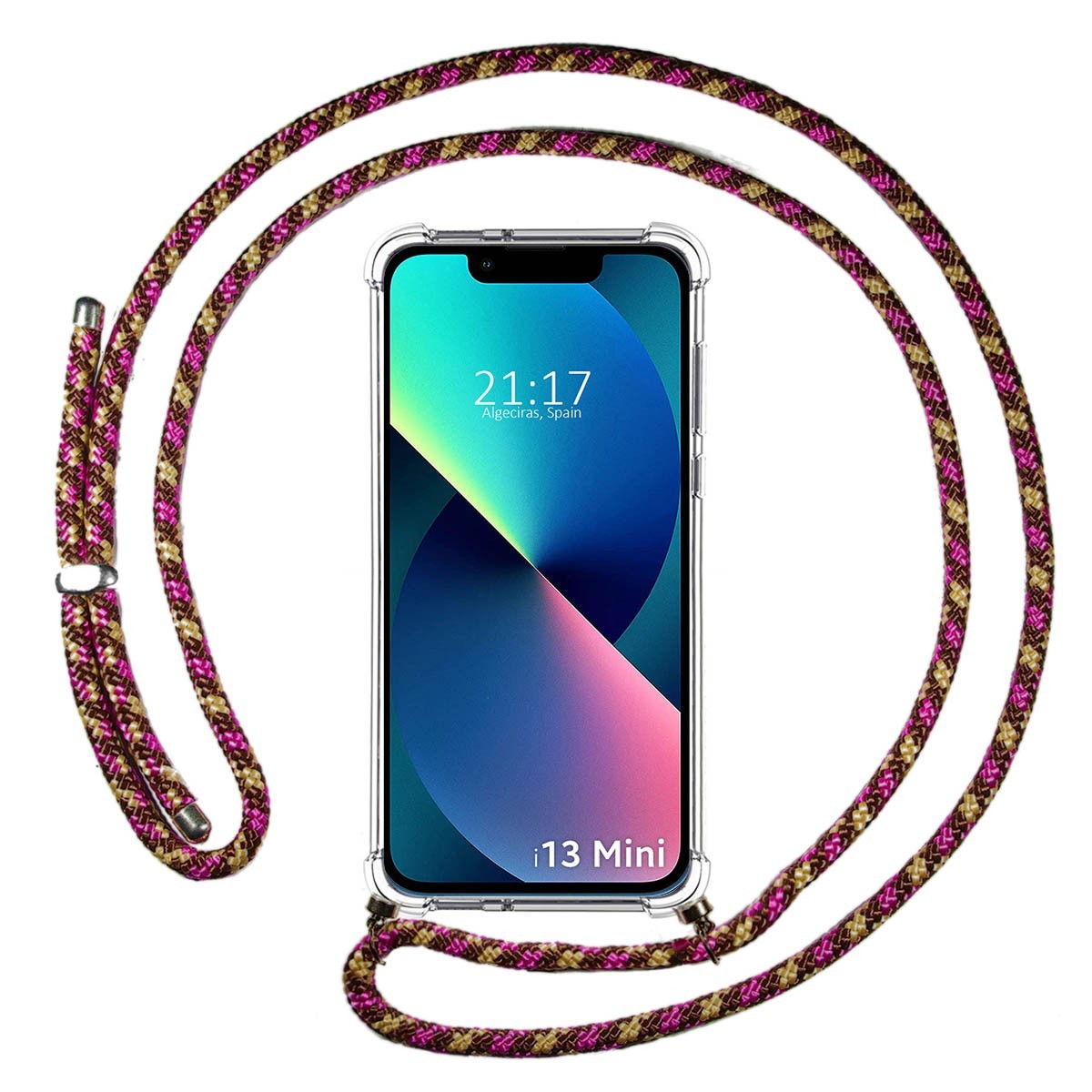 Funda Colgante Transparente compatible con Iphone 13 Mini (5.4) con Cordon Rosa / Dorado