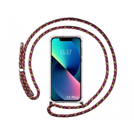 Funda Colgante Transparente compatible con Iphone 13 Mini (5.4) con Cordon Rosa / Dorado