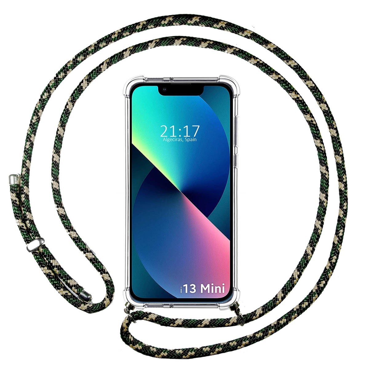 Funda Colgante Transparente compatible con Iphone 13 Mini (5.4) con Cordon Verde / Dorado