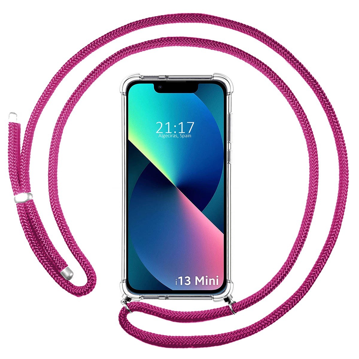Funda Colgante Transparente compatible con Iphone 13 Mini (5.4) con Cordon Rosa Fucsia