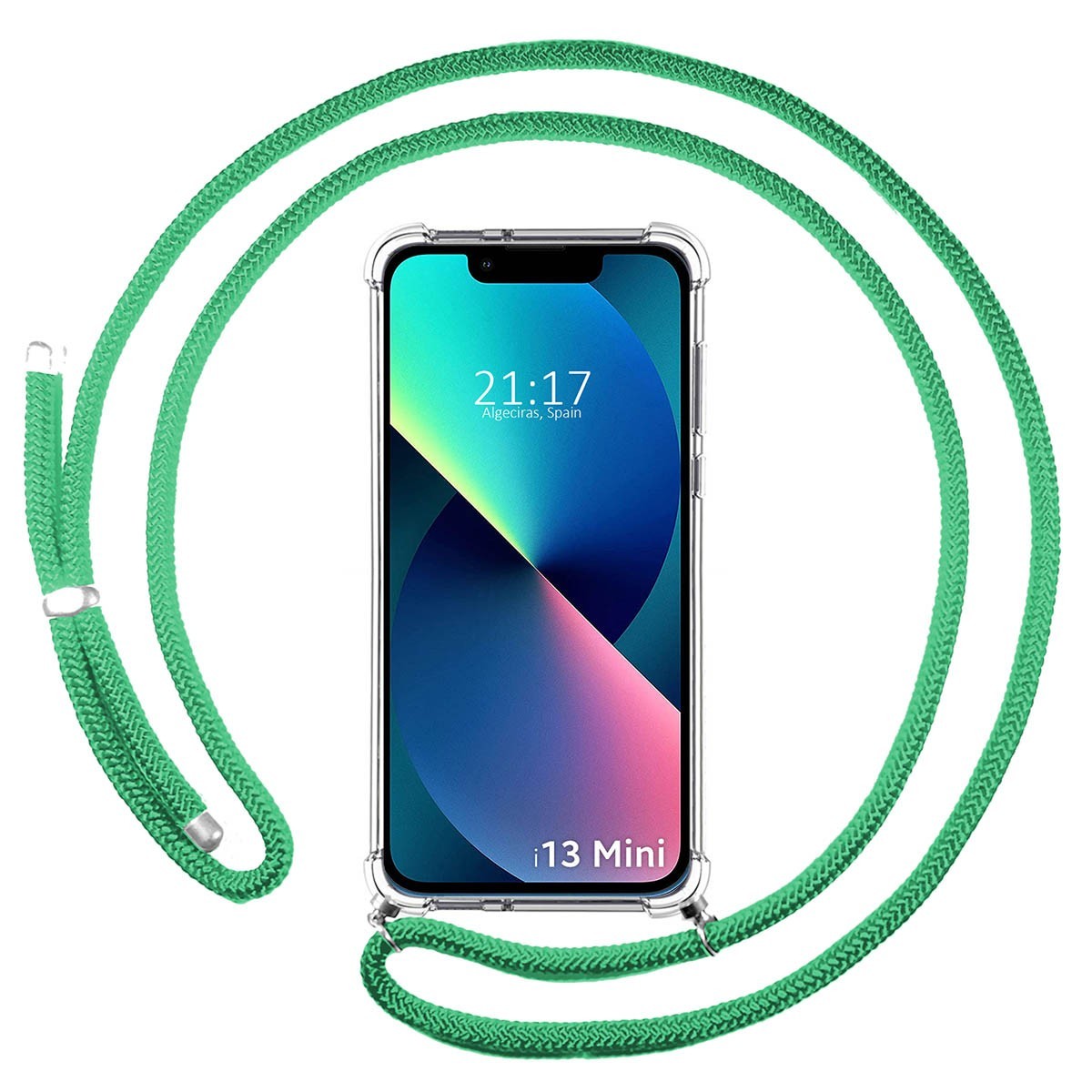 Funda Colgante Transparente compatible con Iphone 13 Mini (5.4) con Cordon Verde Agua