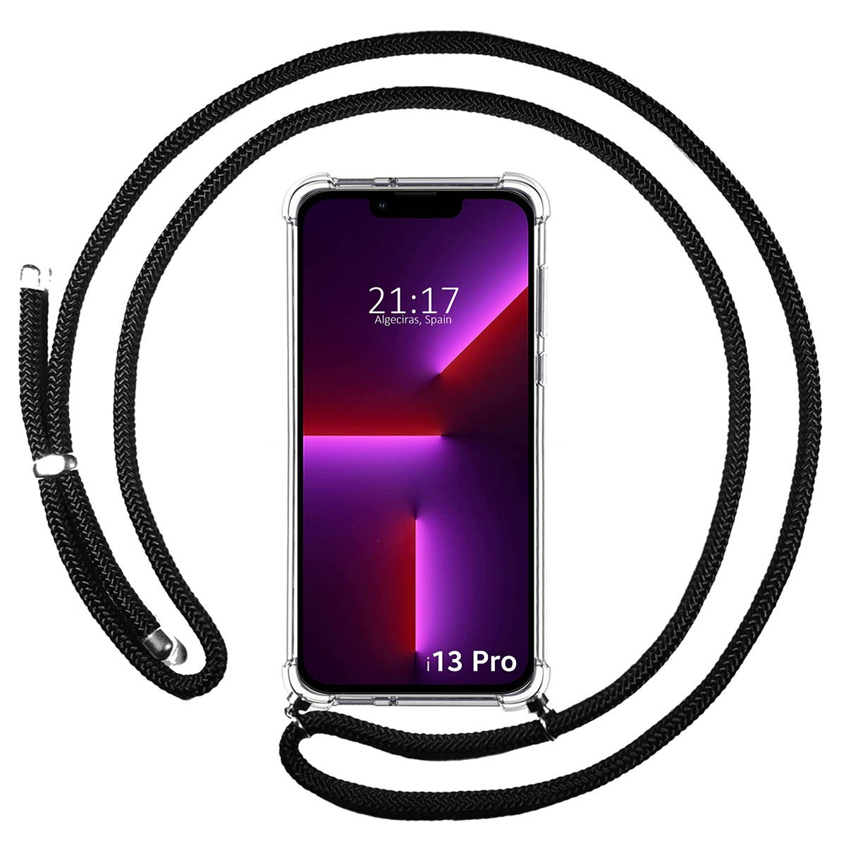 Funda Colgante Transparente compatible con Iphone 13 Pro (6.1) con Cordon Negro