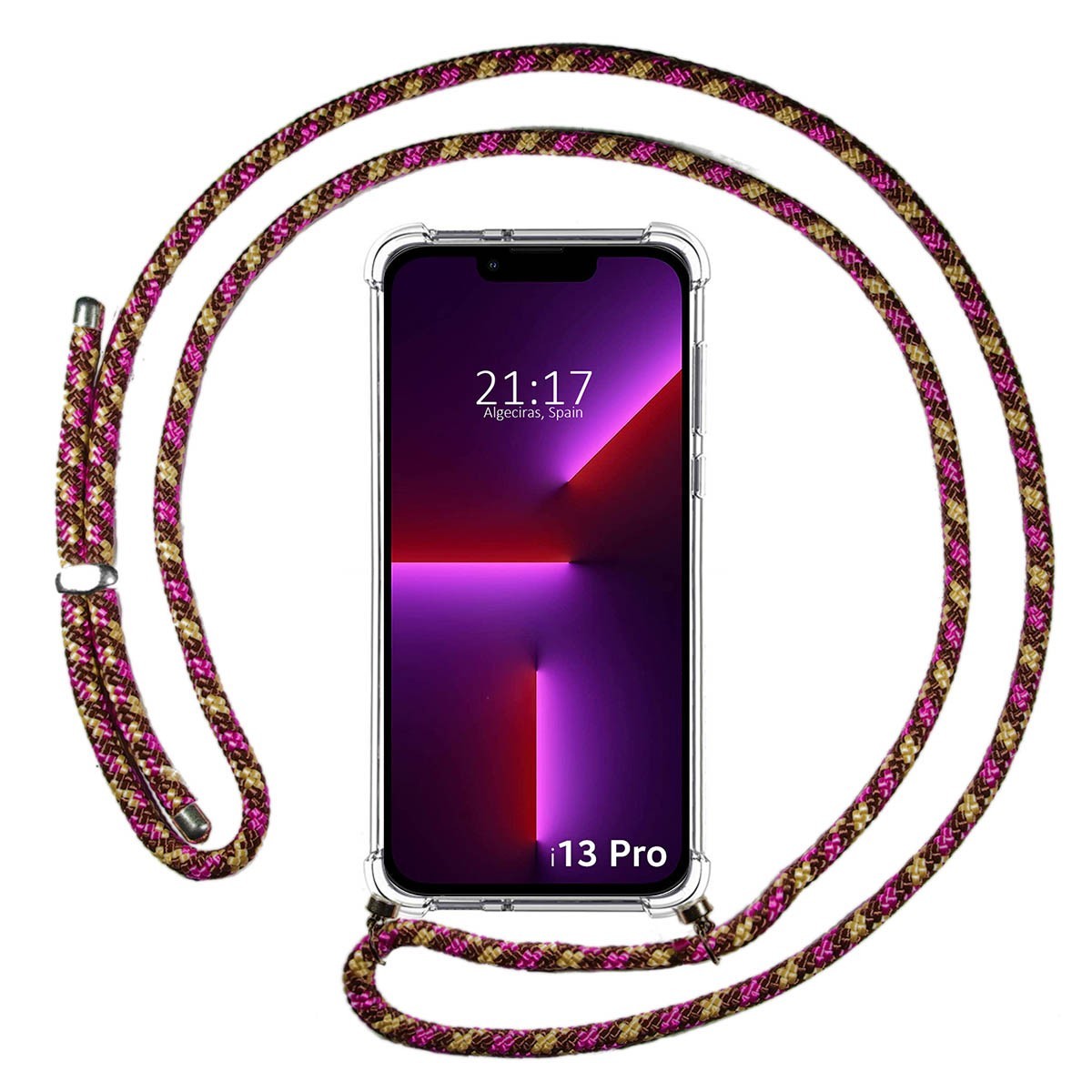 Funda Colgante Transparente compatible con Iphone 13 Pro (6.1) con Cordon Rosa / Dorado