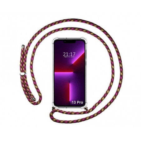 Funda Colgante Transparente compatible con Iphone 13 Pro (6.1) con Cordon Rosa / Dorado
