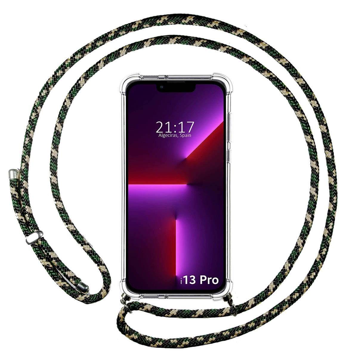 Funda Colgante Transparente compatible con Iphone 13 Pro (6.1) con Cordon Verde / Dorado