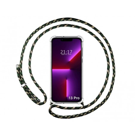 Funda Colgante Transparente compatible con Iphone 13 Pro (6.1) con Cordon Verde / Dorado