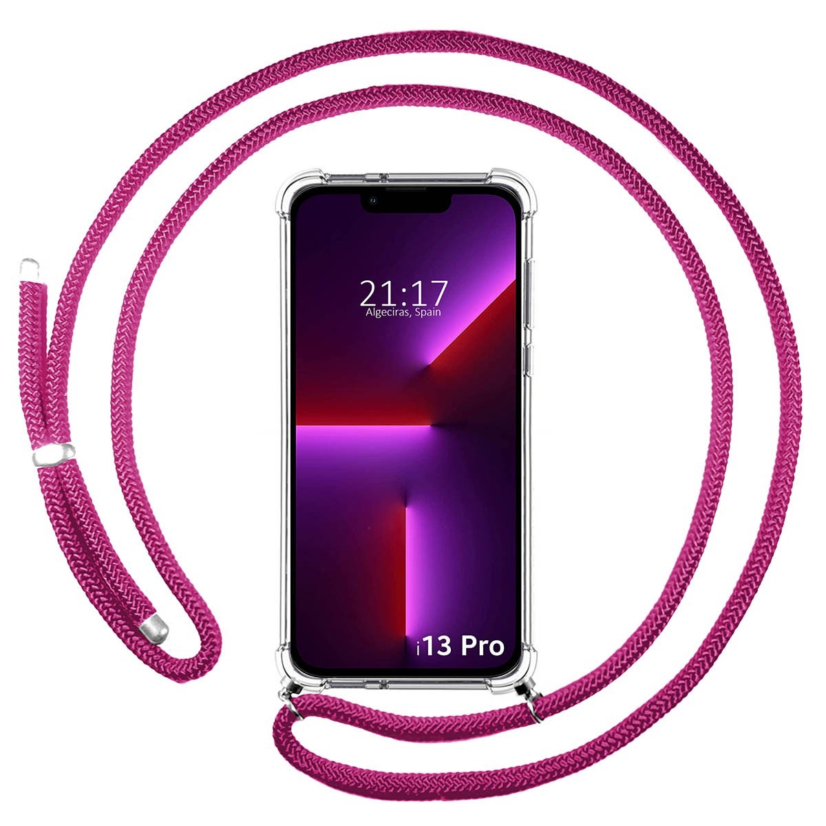 Funda Colgante Transparente compatible con Iphone 13 Pro (6.1) con Cordon Rosa Fucsia