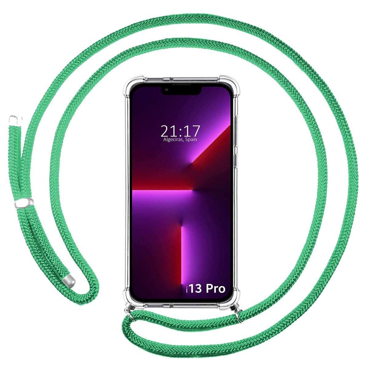 Funda Colgante Transparente compatible con Iphone 13 Pro (6.1) con Cordon Verde Agua