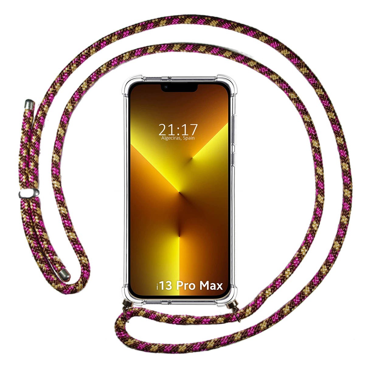 Ridículo exagerar mineral Iphone 13 Pro Max (6.7) Funda Colgante transparente con cordón color Rosa /  Dorado| Envio Gratis