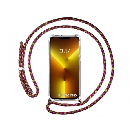 Funda Colgante Transparente compatible con Iphone 13 Pro Max (6.7) con Cordon Rosa / Dorado