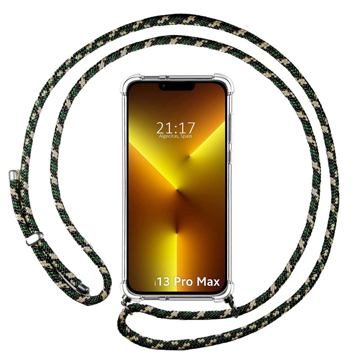 Funda Colgante Transparente compatible con Iphone 13 Pro Max (6.7) con Cordon Verde / Dorado