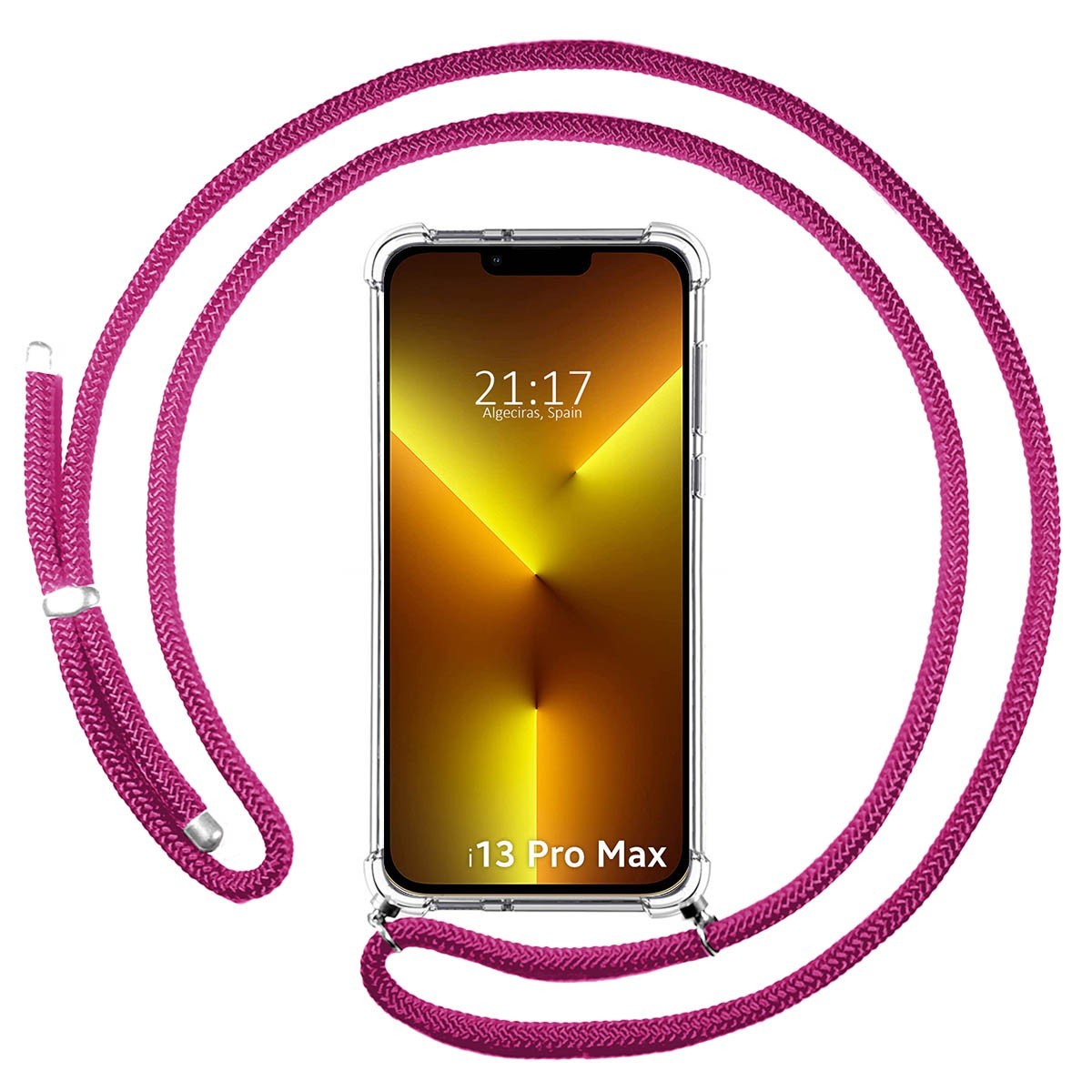 Funda Colgante Transparente compatible con Iphone 13 Pro Max (6.7) con Cordon Rosa Fucsia