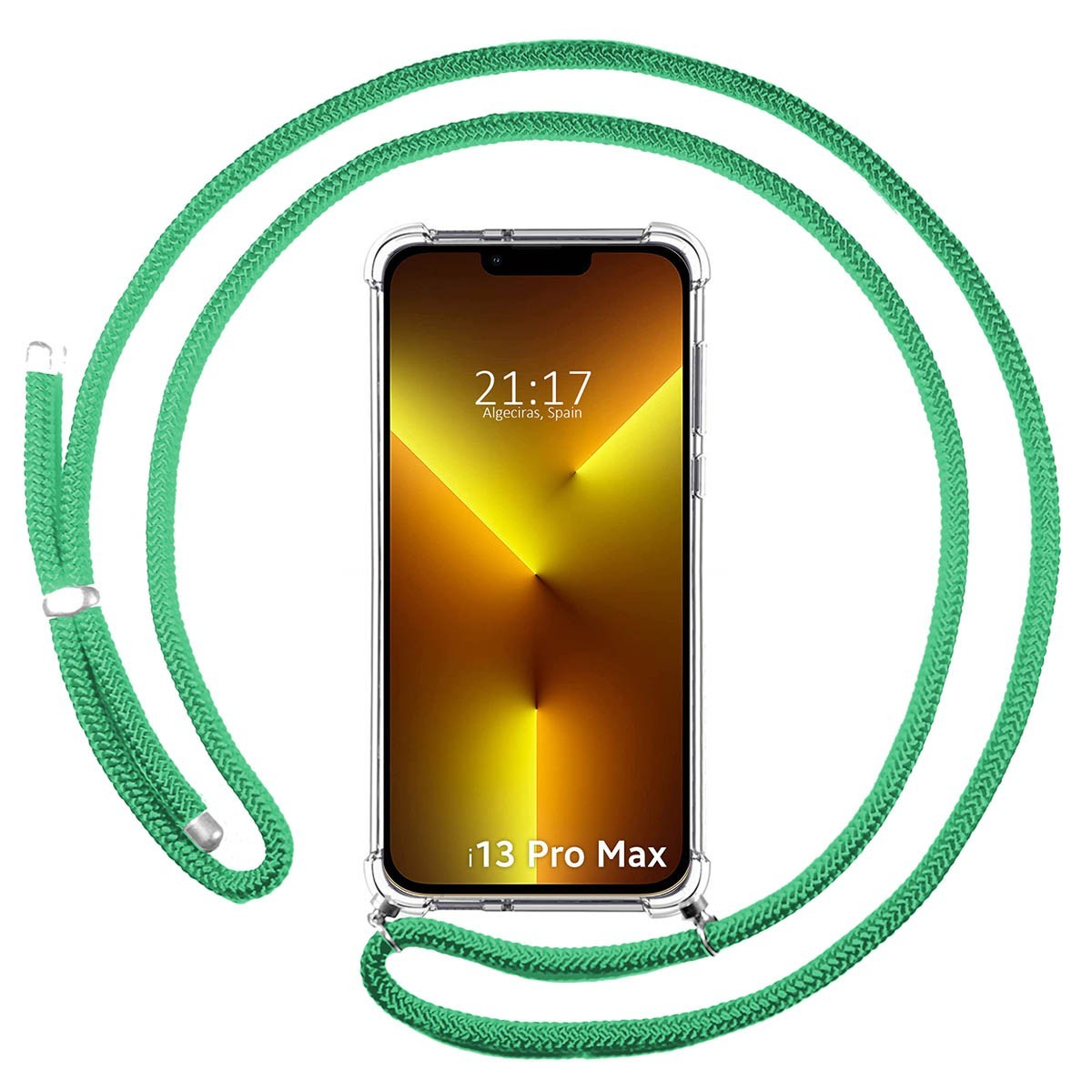 Funda Colgante Transparente compatible con Iphone 13 Pro Max (6.7) con Cordon Verde Agua