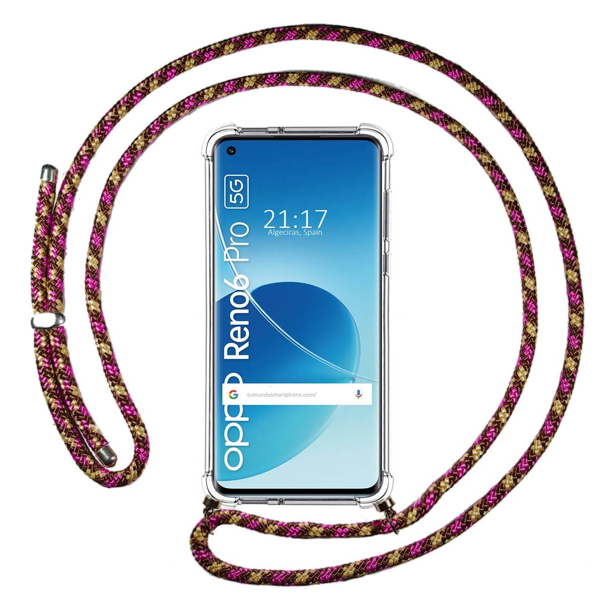 Funda Colgante Transparente para Oppo Reno 6 Pro 5G con Cordon Rosa / Dorado