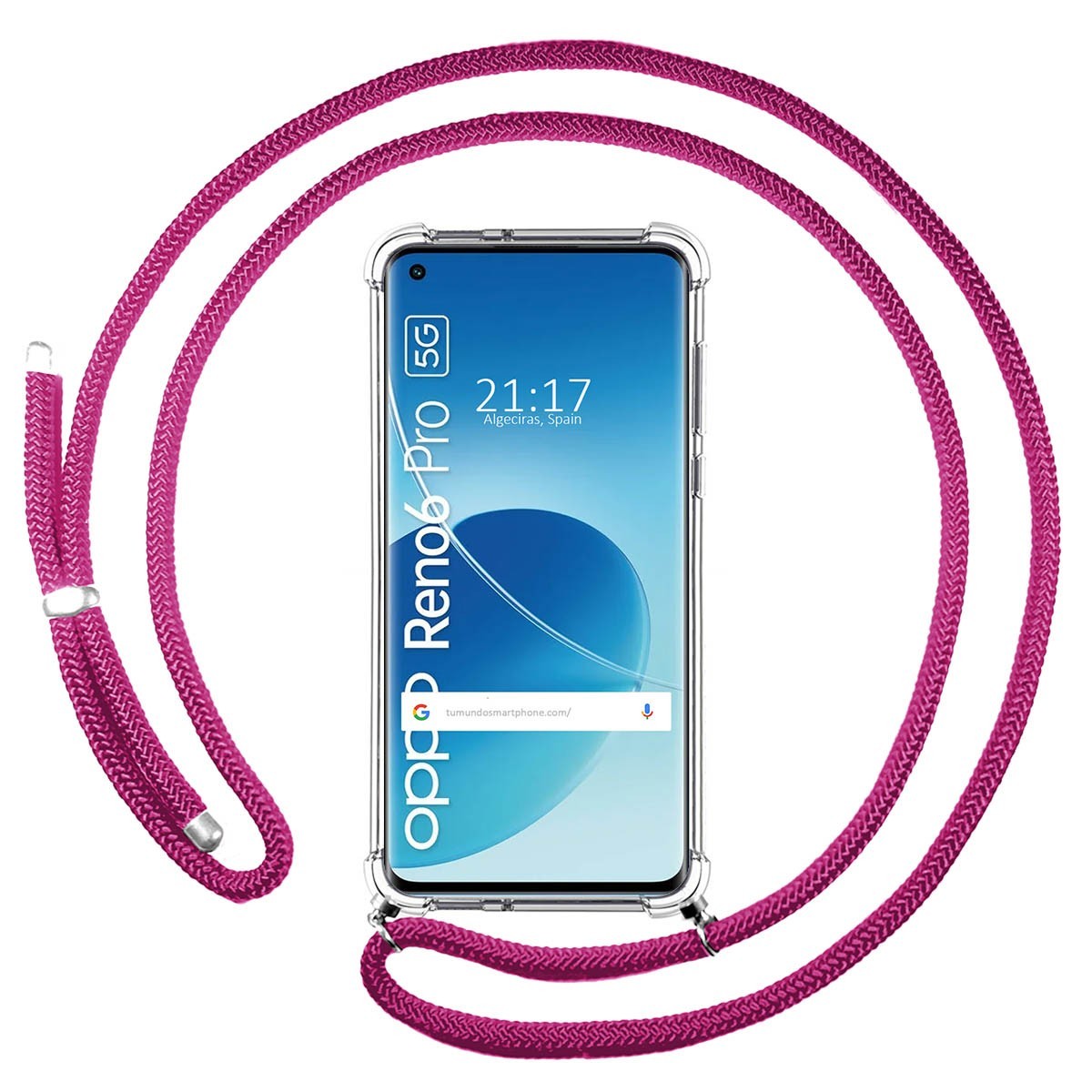 Funda Colgante Transparente para Oppo Reno 6 Pro 5G con Cordon Rosa Fucsia