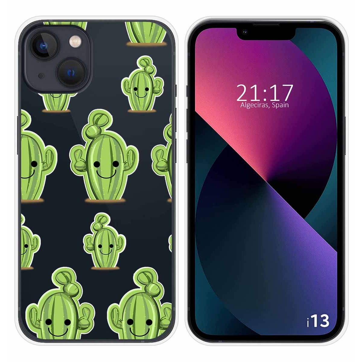 Funda Silicona Transparente compatible con iPhone 13 (6.1) diseño Cactus Dibujos