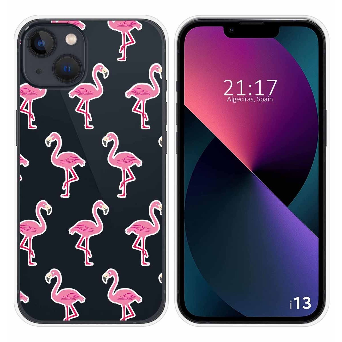 Funda Silicona Transparente compatible con iPhone 13 (6.1) diseño Flamenco Dibujos