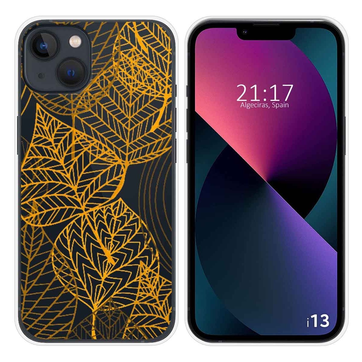 Funda Silicona Transparente compatible con iPhone 13 (6.1) diseño Hojas Dibujos