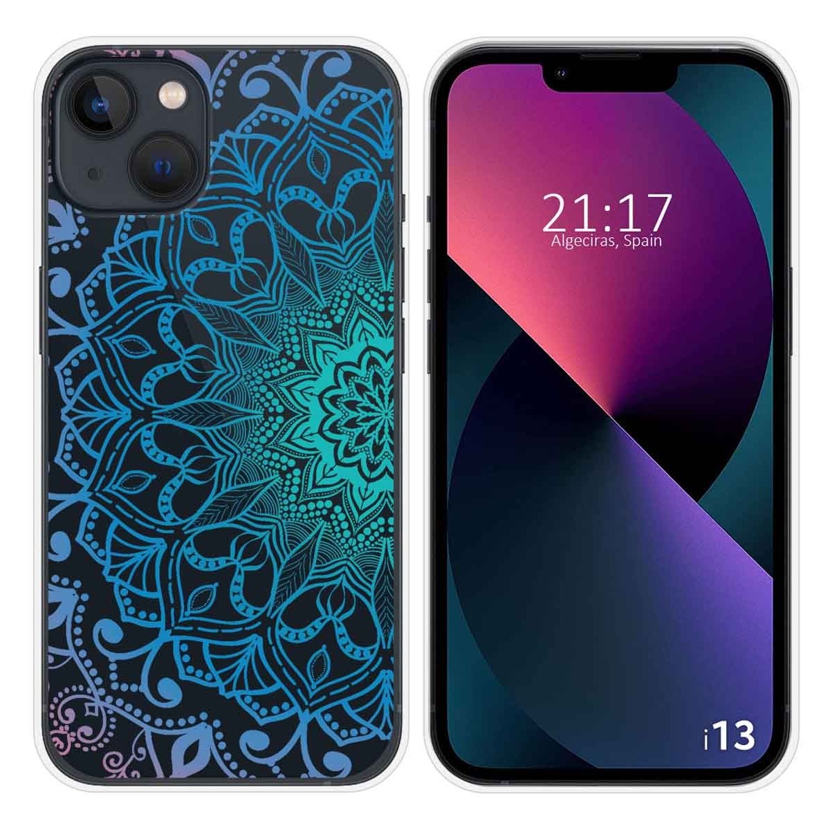 Funda Silicona Transparente compatible con iPhone 13 (6.1) diseño Mandala Dibujos