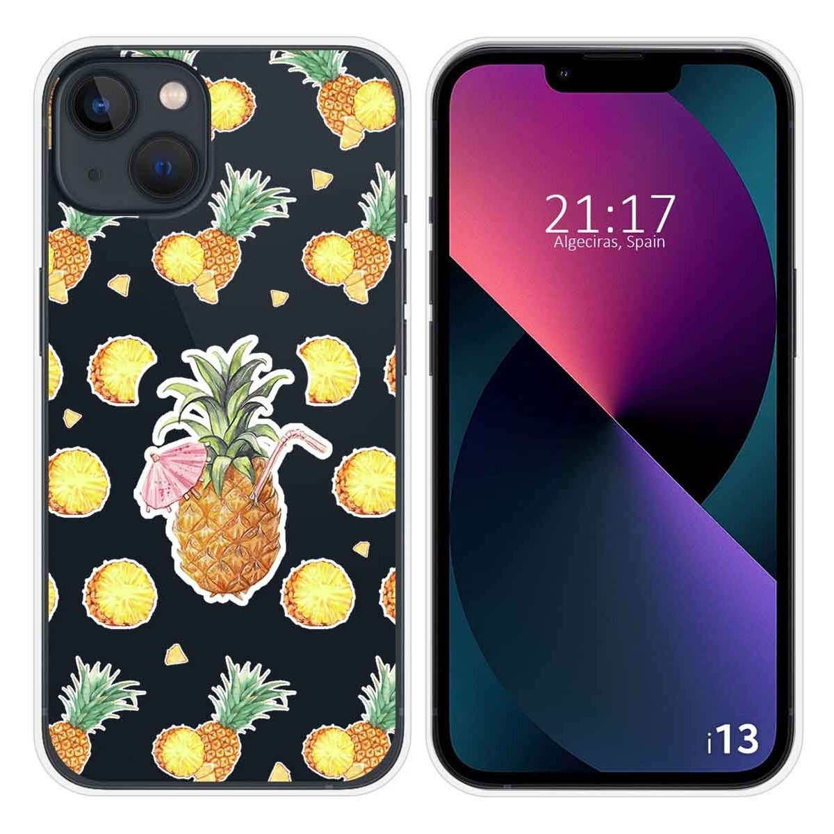 Funda Silicona Transparente compatible con iPhone 13 (6.1) diseño Piña Dibujos