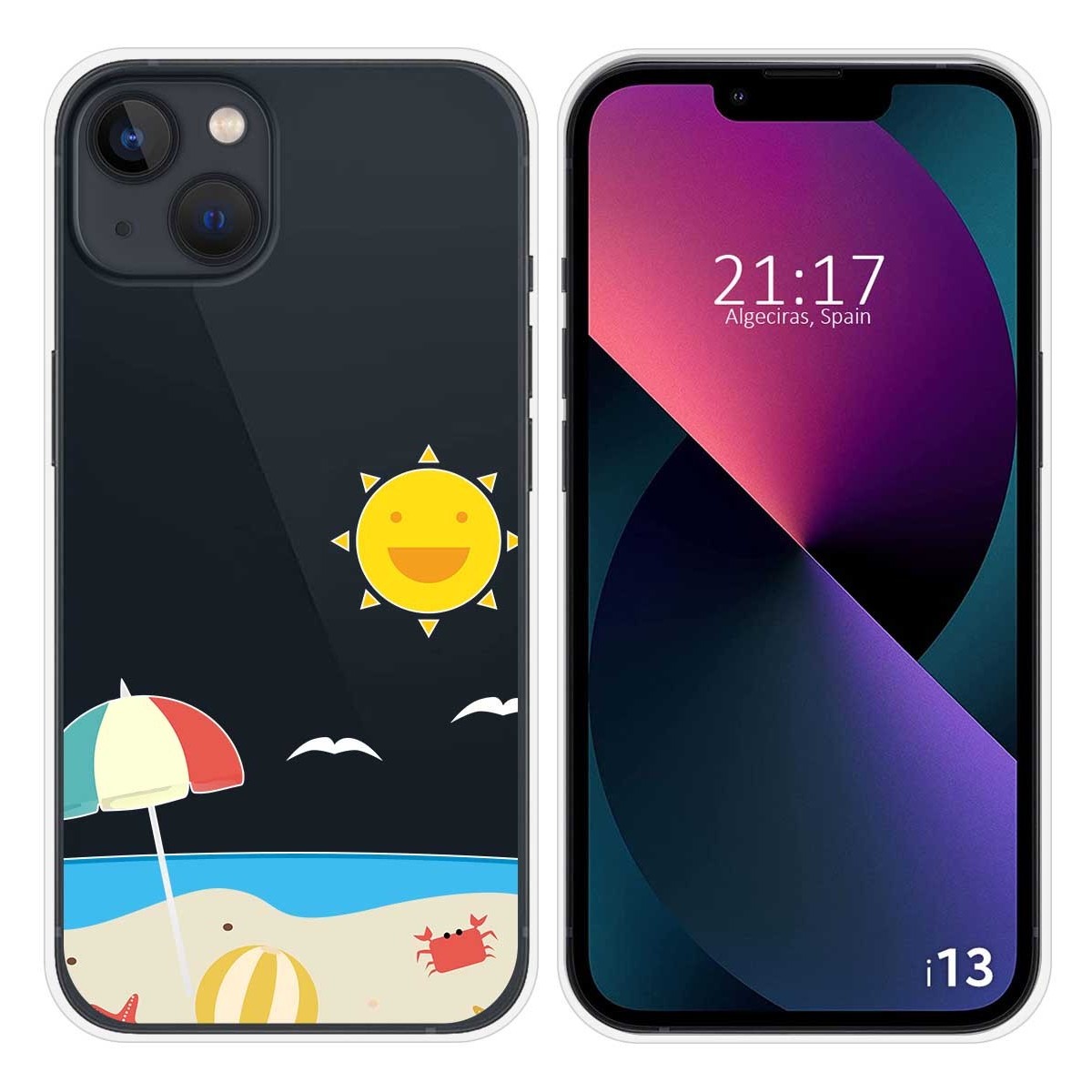 Funda Silicona Transparente compatible con iPhone 13 (6.1) diseño Playa Dibujos