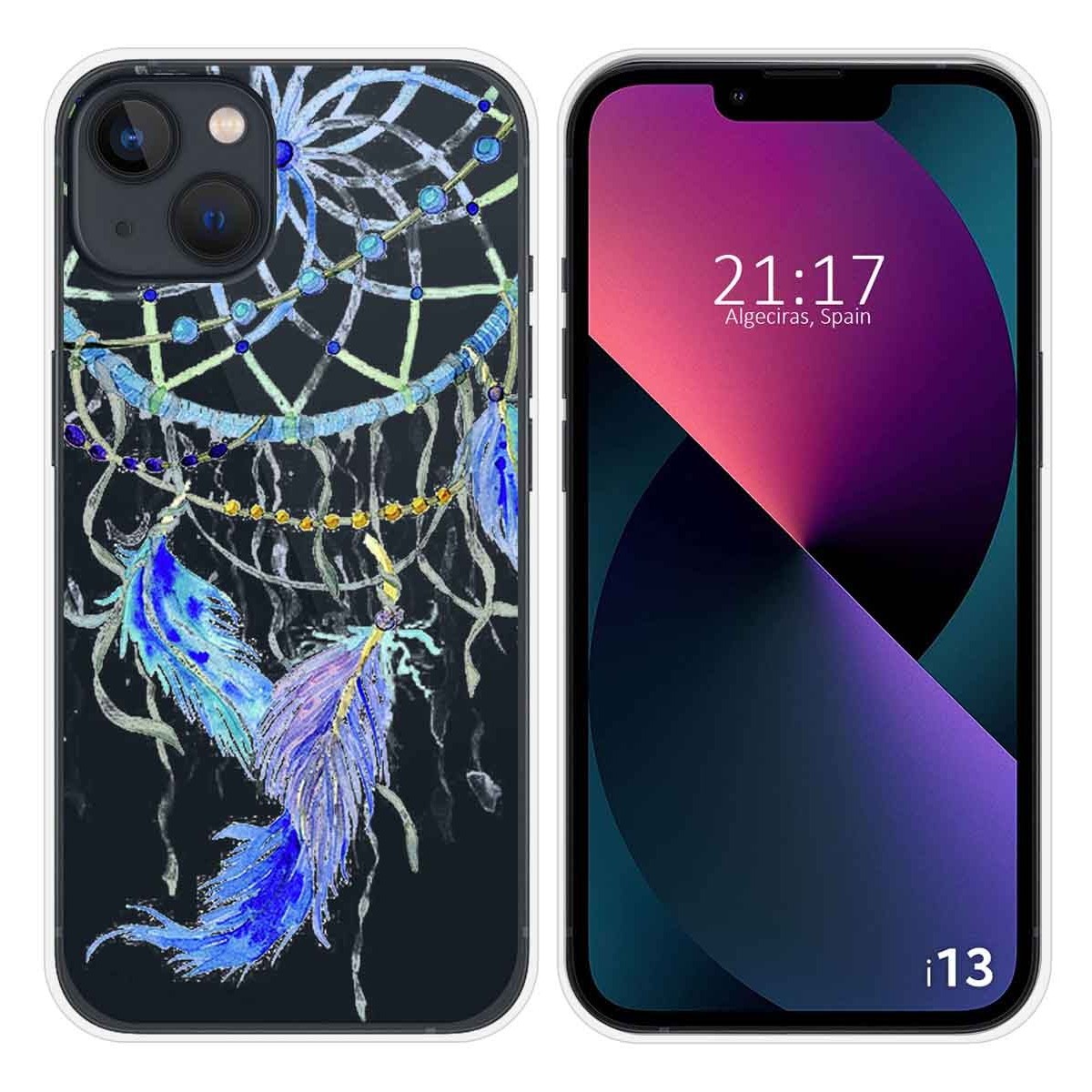 Funda Silicona Transparente compatible con iPhone 13 (6.1) diseño Plumas Dibujos
