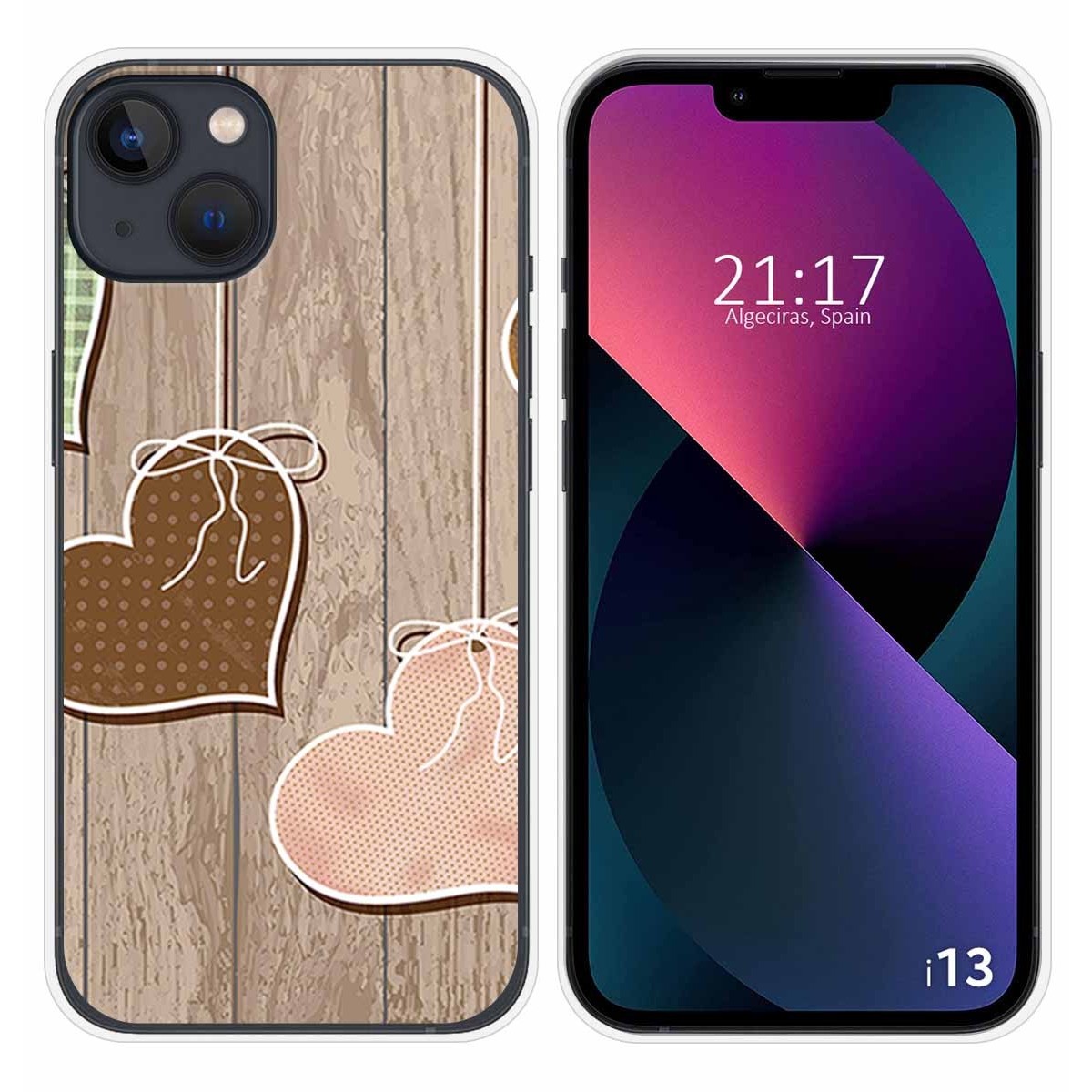 Funda Silicona compatible con iPhone 13 (6.1) diseño Corazones Madera Dibujos