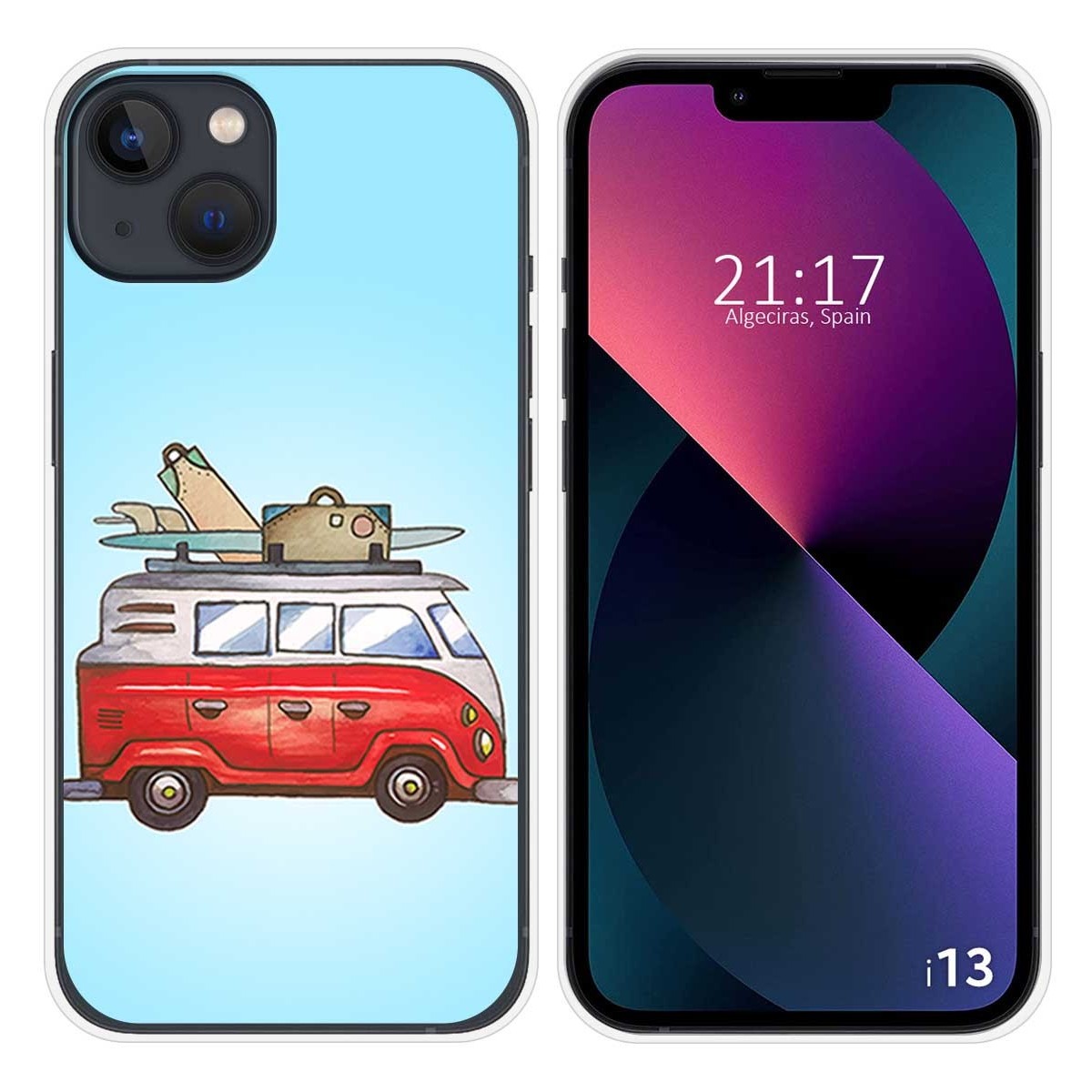 Funda Silicona compatible con iPhone 13 (6.1) diseño Furgoneta Dibujos