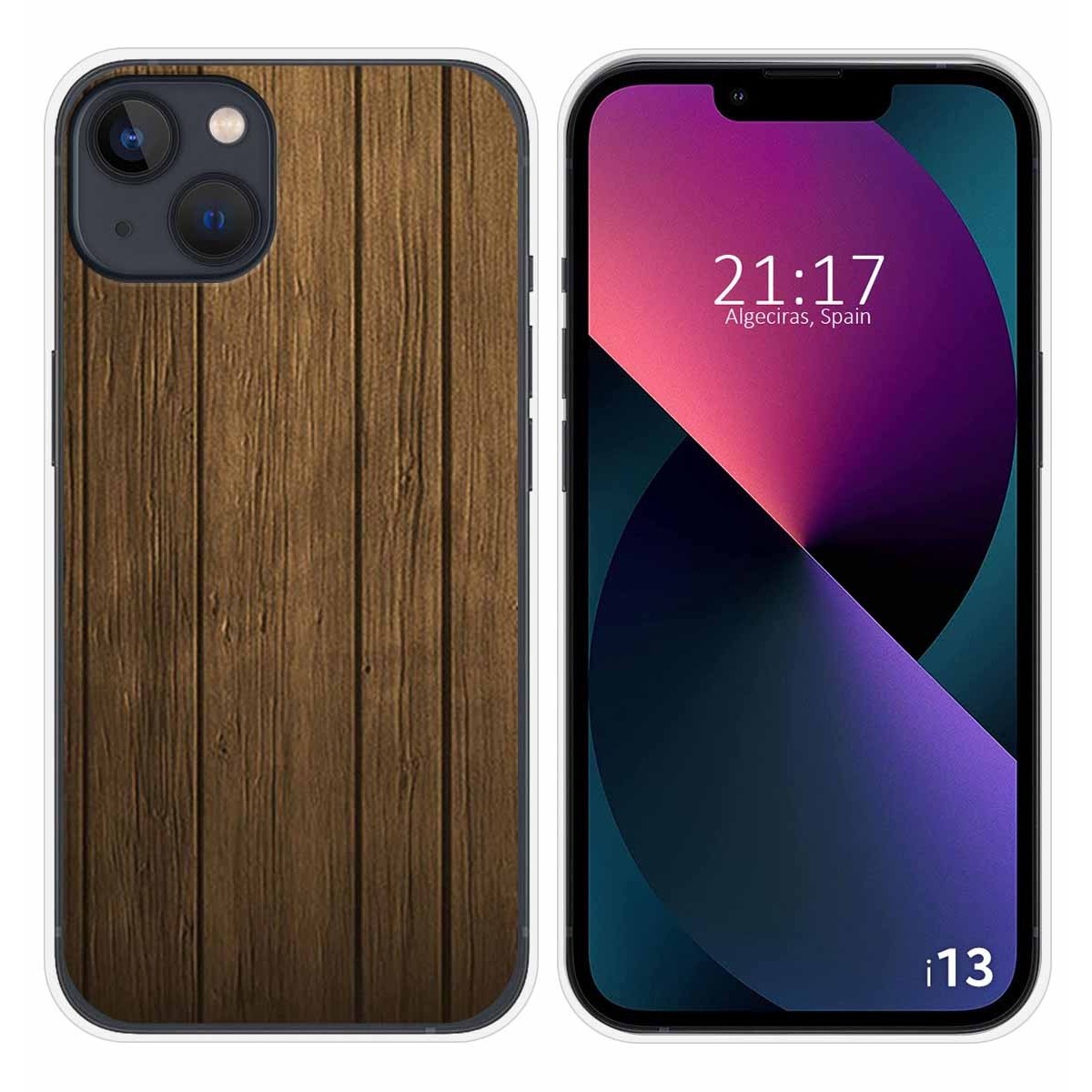 Funda Silicona compatible con iPhone 13 (6.1) diseño Madera Dibujos