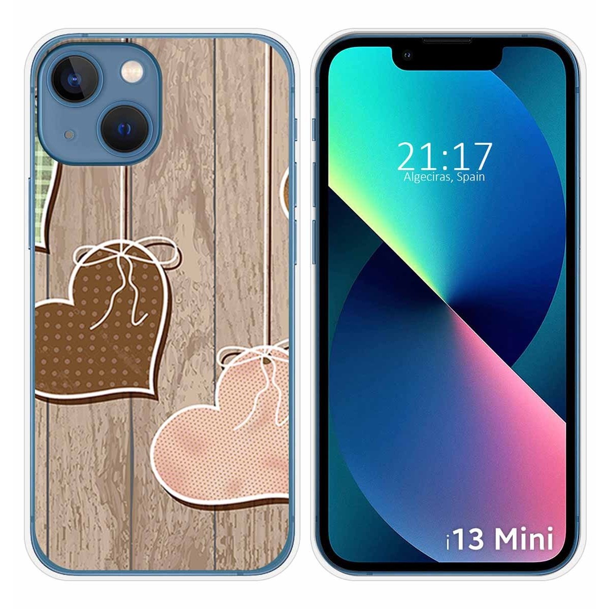 Funda Silicona compatible con iPhone 13 Mini (5.4) diseño Corazones Madera Dibujos