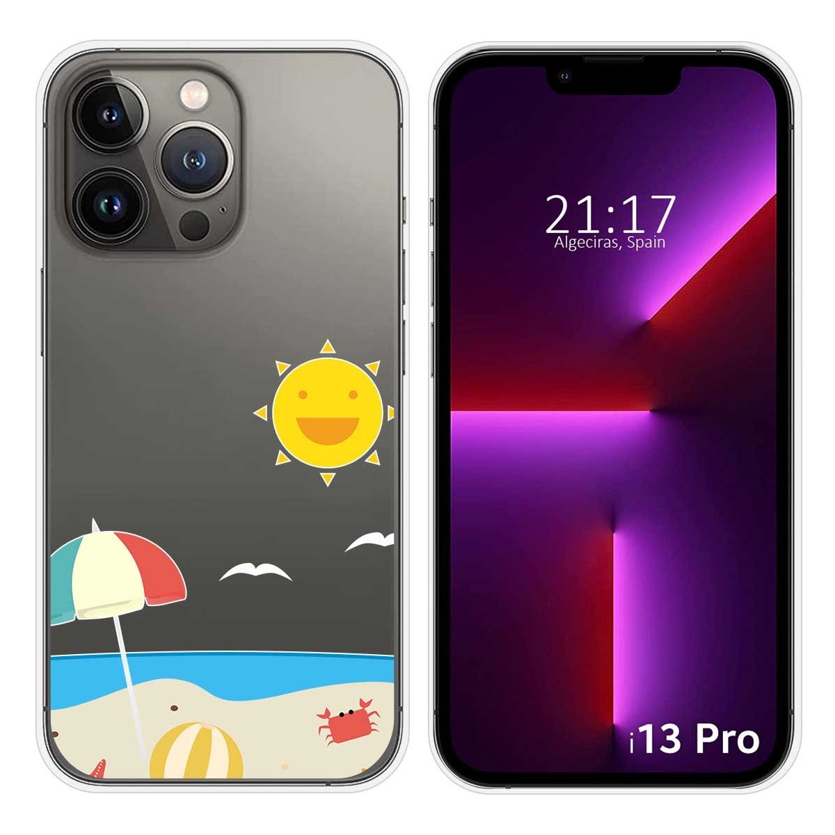 Funda Silicona Transparente compatible con iPhone 13 Pro (6.1) diseño Playa Dibujos