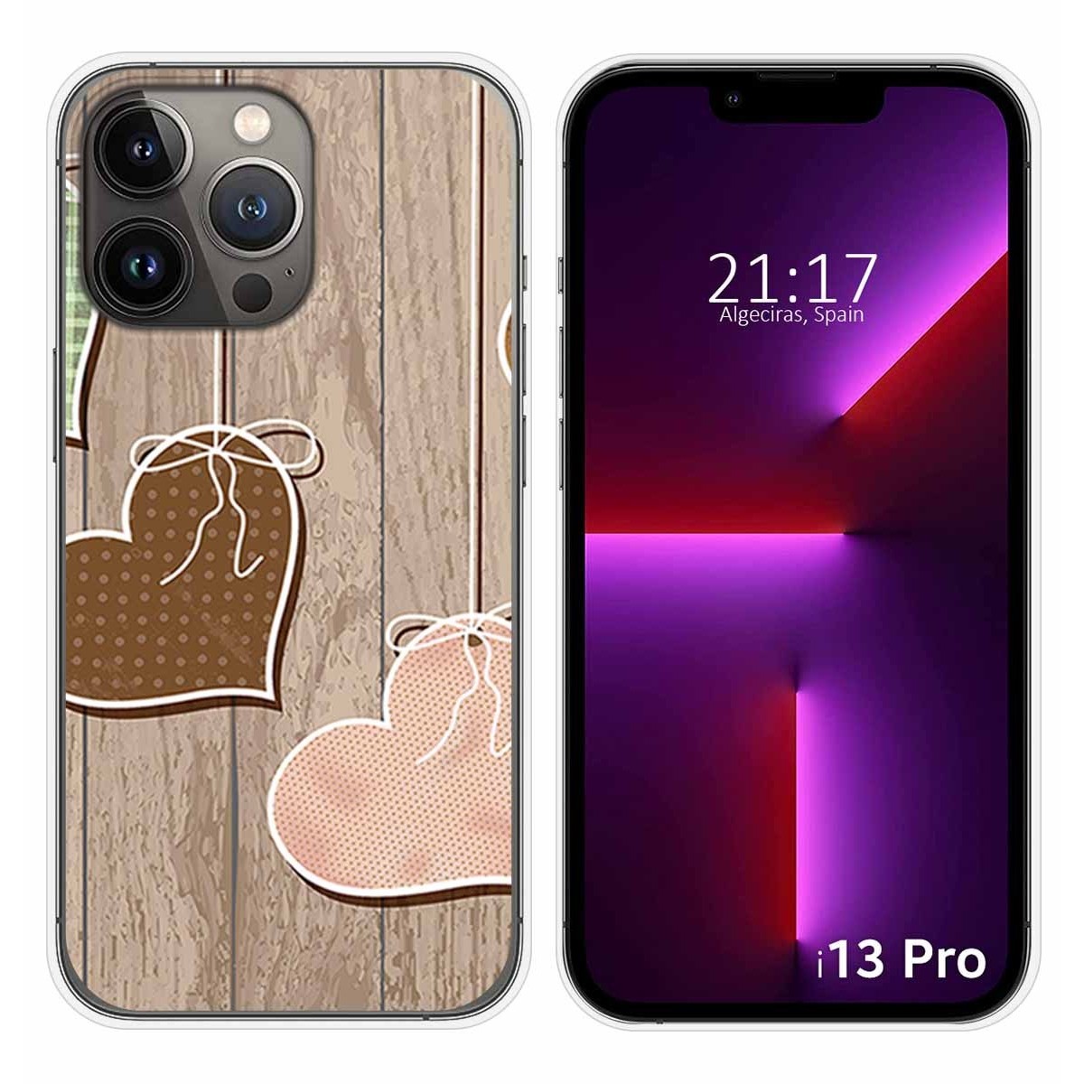 Funda Silicona compatible con iPhone 13 Pro (6.1) diseño Corazones Madera Dibujos