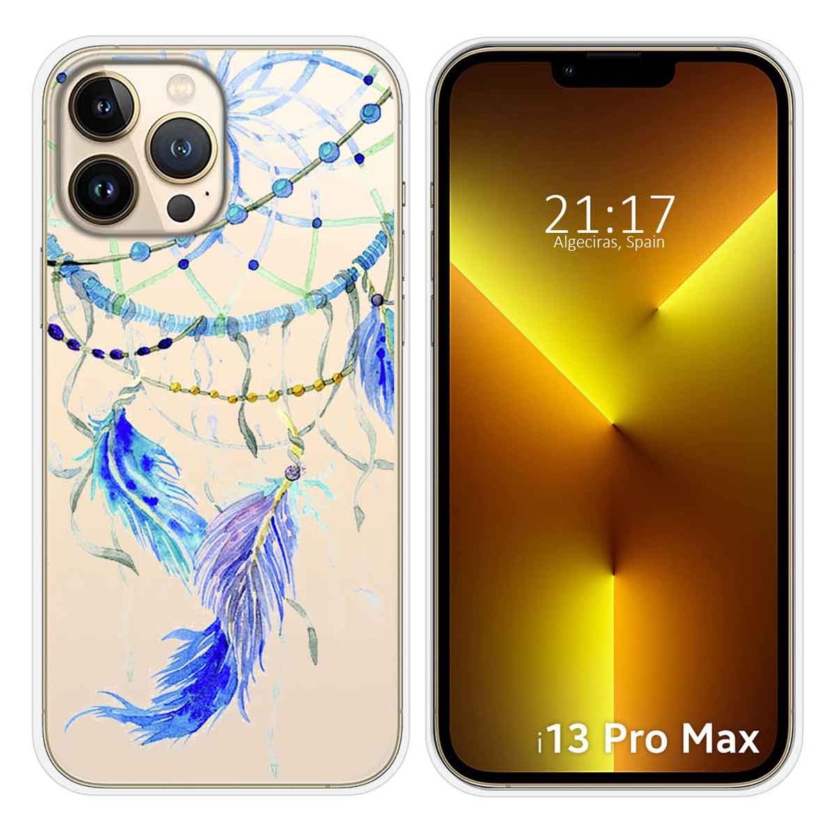 Funda Silicona Transparente compatible con iPhone 13 Pro Max (6.7) diseño Plumas Dibujos