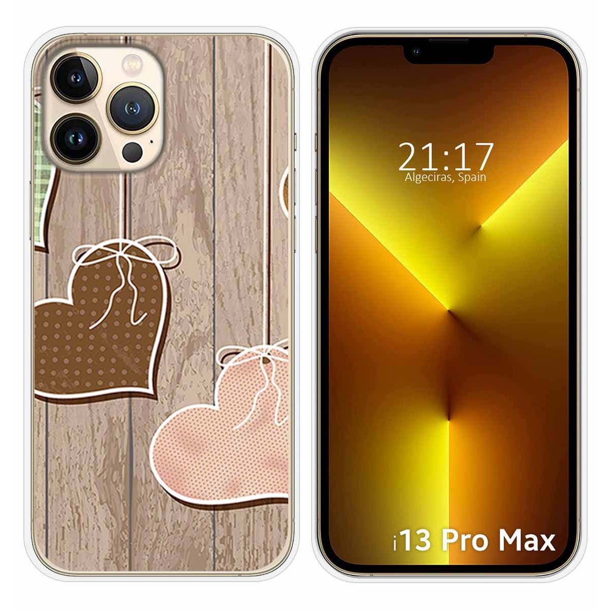 Funda Silicona compatible con iPhone 13 Pro Max (6.7) diseño Corazones Madera Dibujos