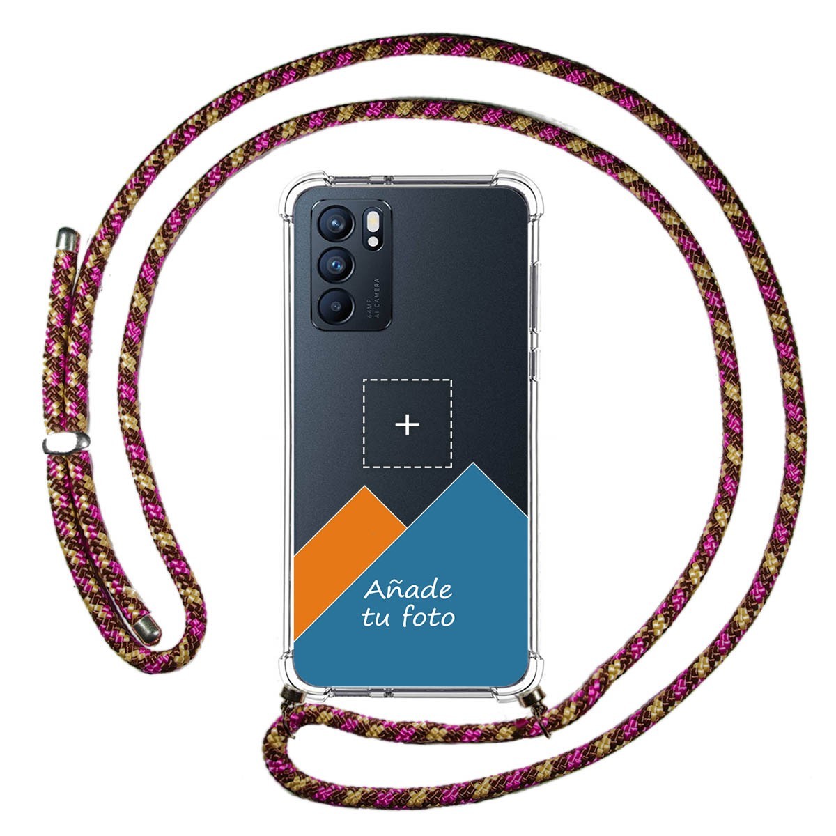 Personaliza tu Funda Colgante Transparente para Oppo Reno 6 5G con Cordon Rosa / Dorado Dibujo Personalizada