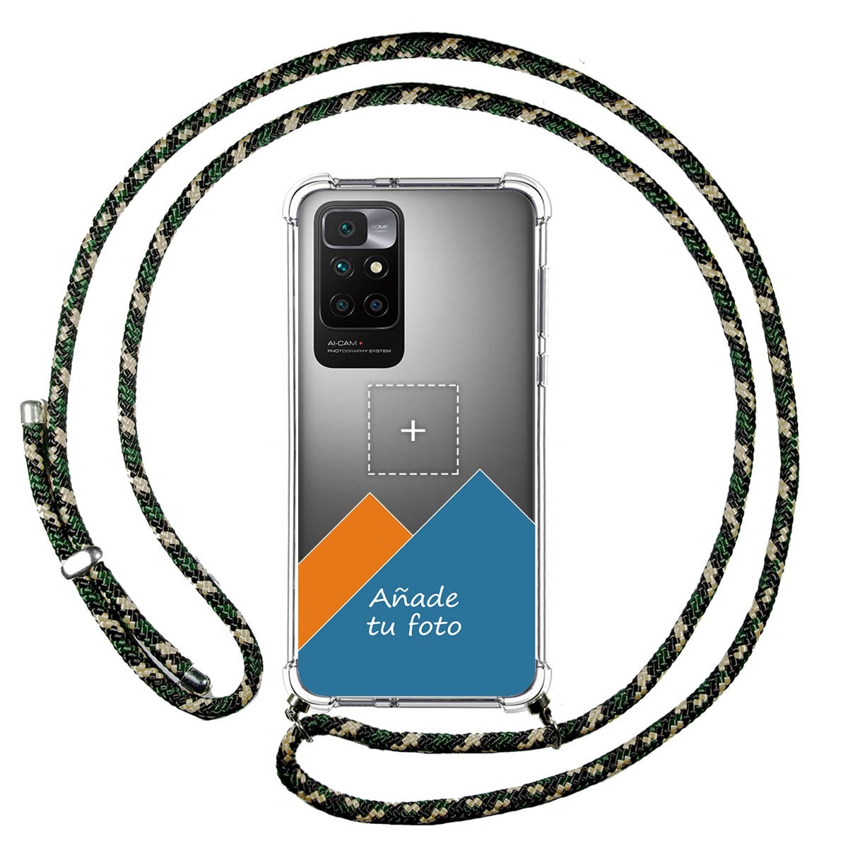 Personaliza tu Funda Colgante Transparente para Xiaomi Redmi 10 (2021/2022) con Cordon Verde / Dorado Dibujo Personalizada