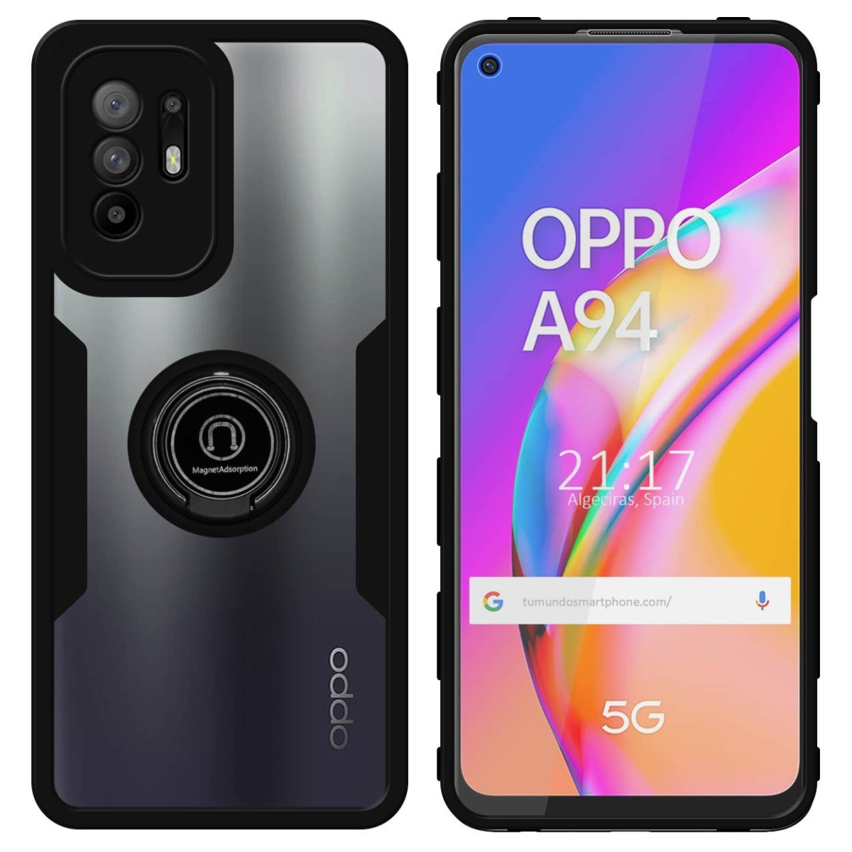 Funda Doble Negra Pc + Tpu Full Body 360 con Anillo para Oppo A94 5G