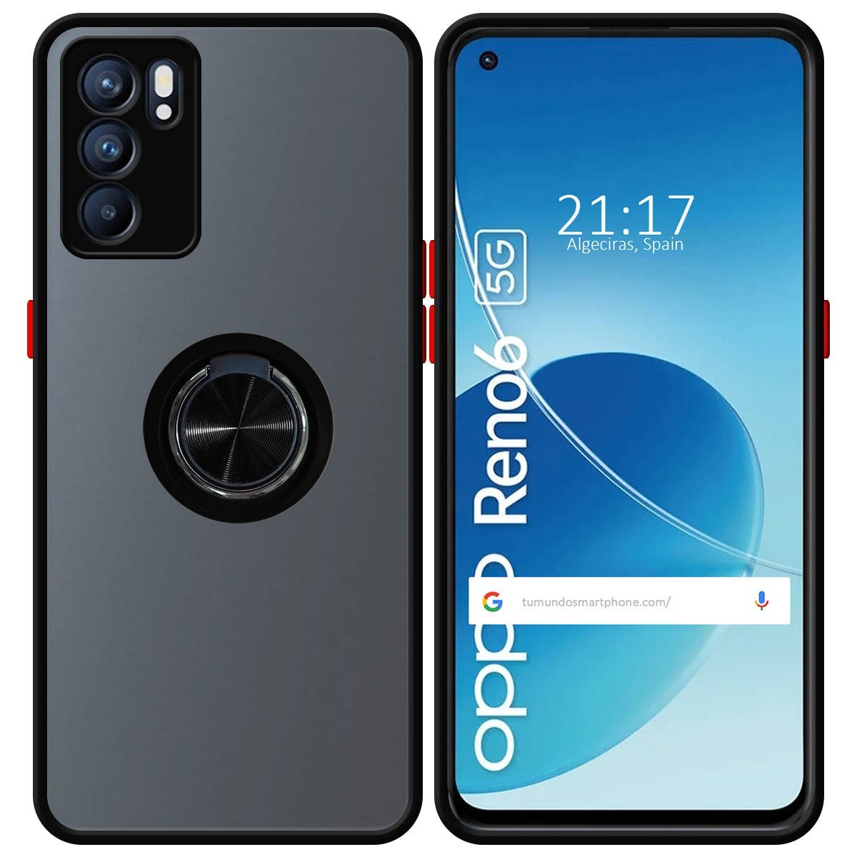Funda Mate con Borde Negro y Anillo Giratorio 360 para Oppo Reno 6 5G
