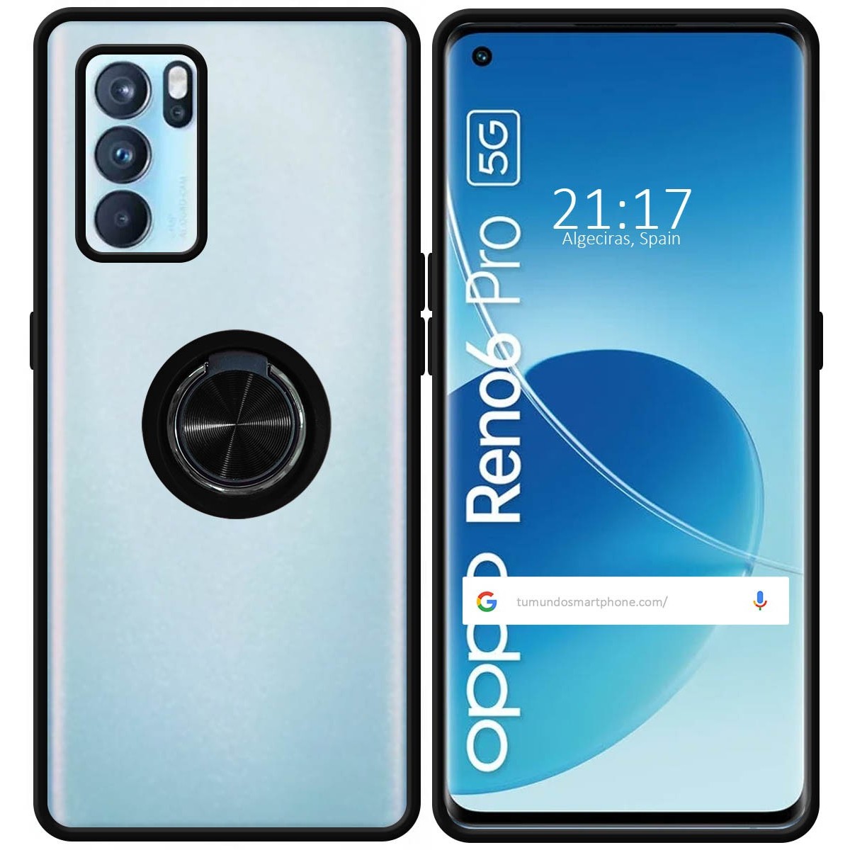 Funda Mate con Borde Negro y Anillo Giratorio 360 para Oppo Reno 6 Pro 5G