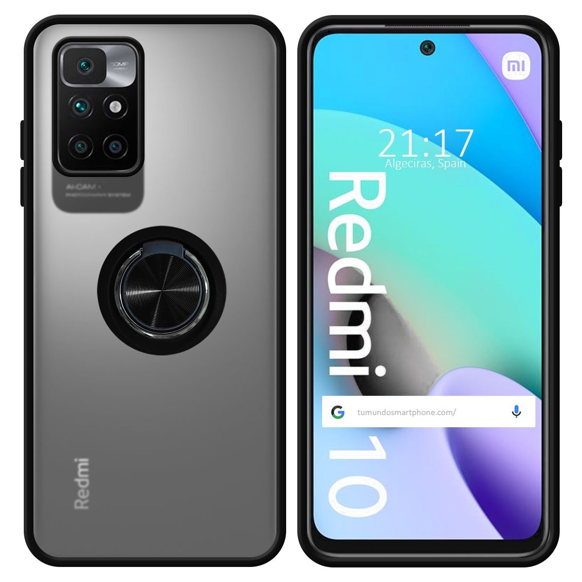 Funda Mate con Borde Negro y Anillo Giratorio 360 para Xiaomi Redmi 10 (2021/2022)
