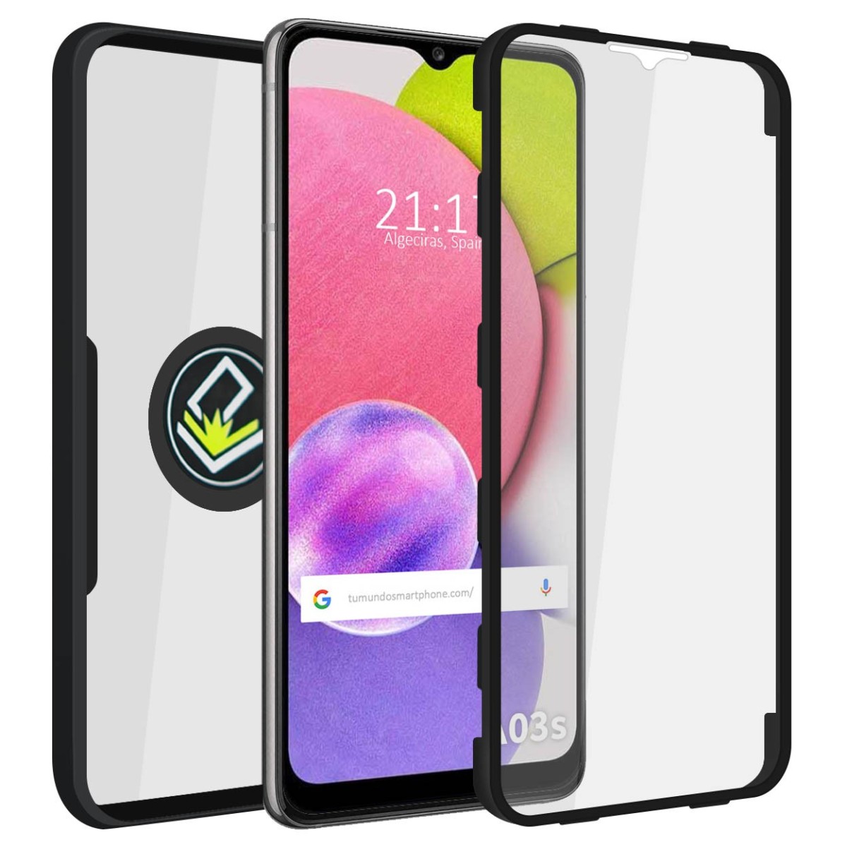 Funda Doble Negra Pc + Tpu Full Body 360 con Anillo para Samsung Galaxy A03s