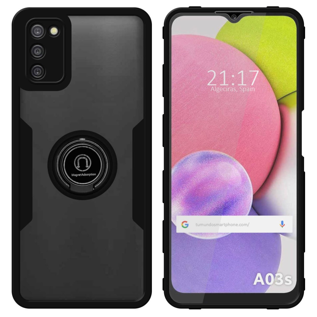 Funda Doble Negra Pc + Tpu Full Body 360 con Anillo para Samsung Galaxy A03s