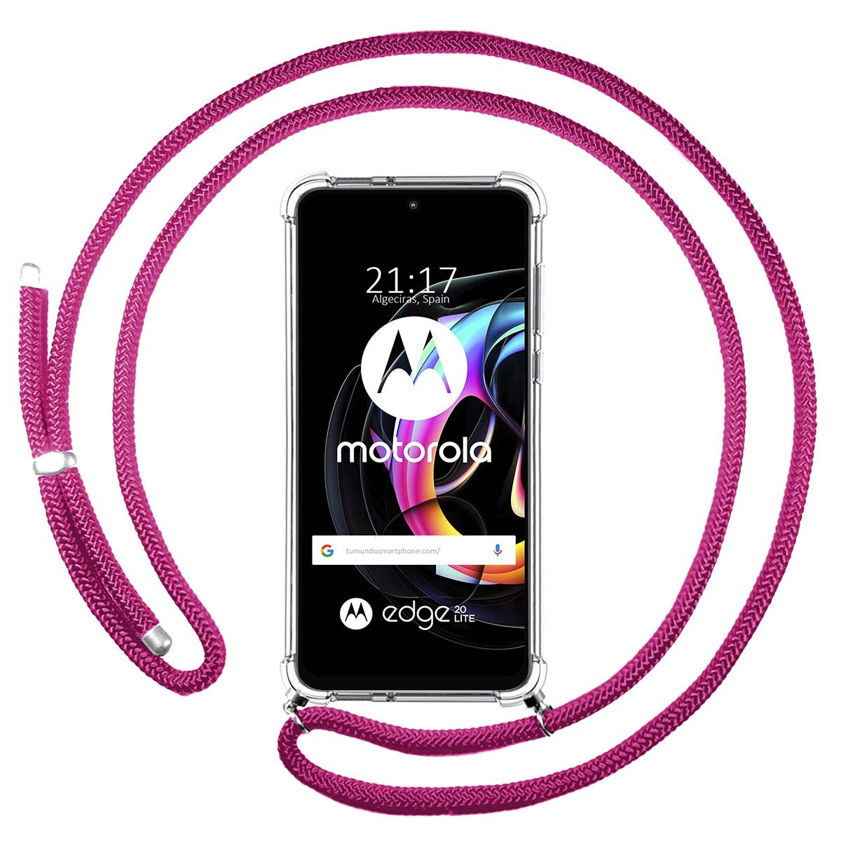 Funda Colgante Transparente para Motorola Edge 20 Lite con Cordon Rosa Fucsia